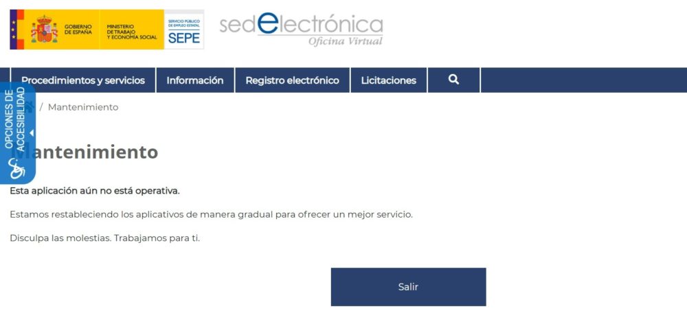 Algunos accesos de la web del sepe todavía están en mantenimiento como, por ejemplo, al desear acceder a la consulta de la prestación